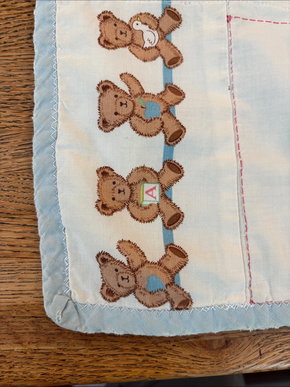 Vintage Handmade Blue Alphabet Teddy Baby Quilt - Adorable Hung on Wall/Display